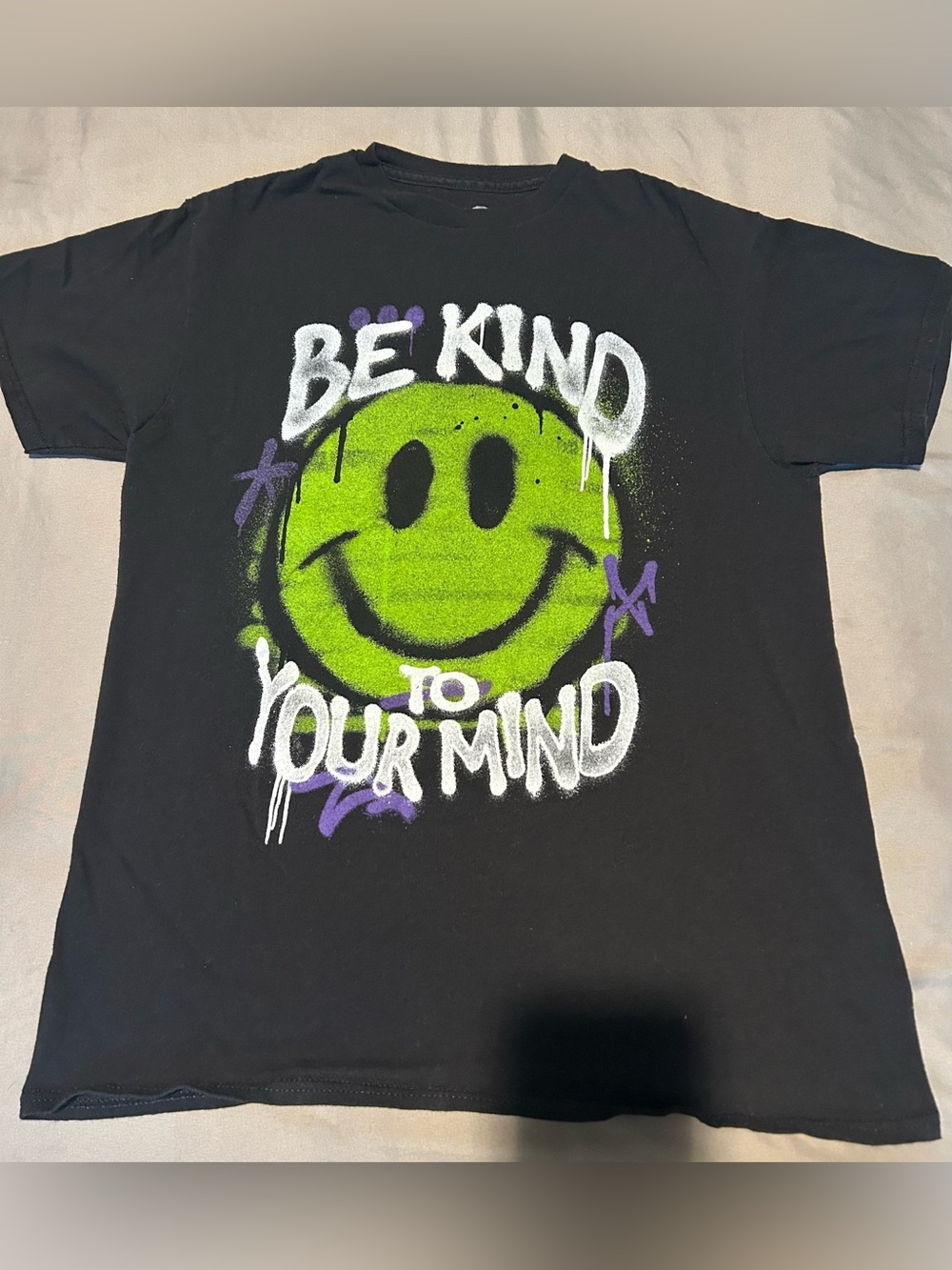 Black Short-Sleeve Tee with Green Smiley 'Be Kind to Your Mind' Graphic